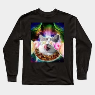 Funny Space Pizza Cat With Rainbow Laser Donut Eyes Long Sleeve T-Shirt